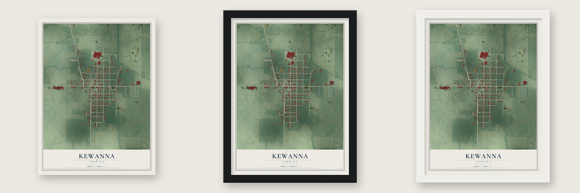 Kewanna, Indiana map unframed, in a black wood frame and in a white wood frame