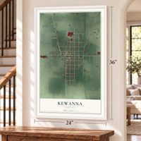 Kewanna, Indiana map, 24 x 36 inch print in a white frame by a staircase