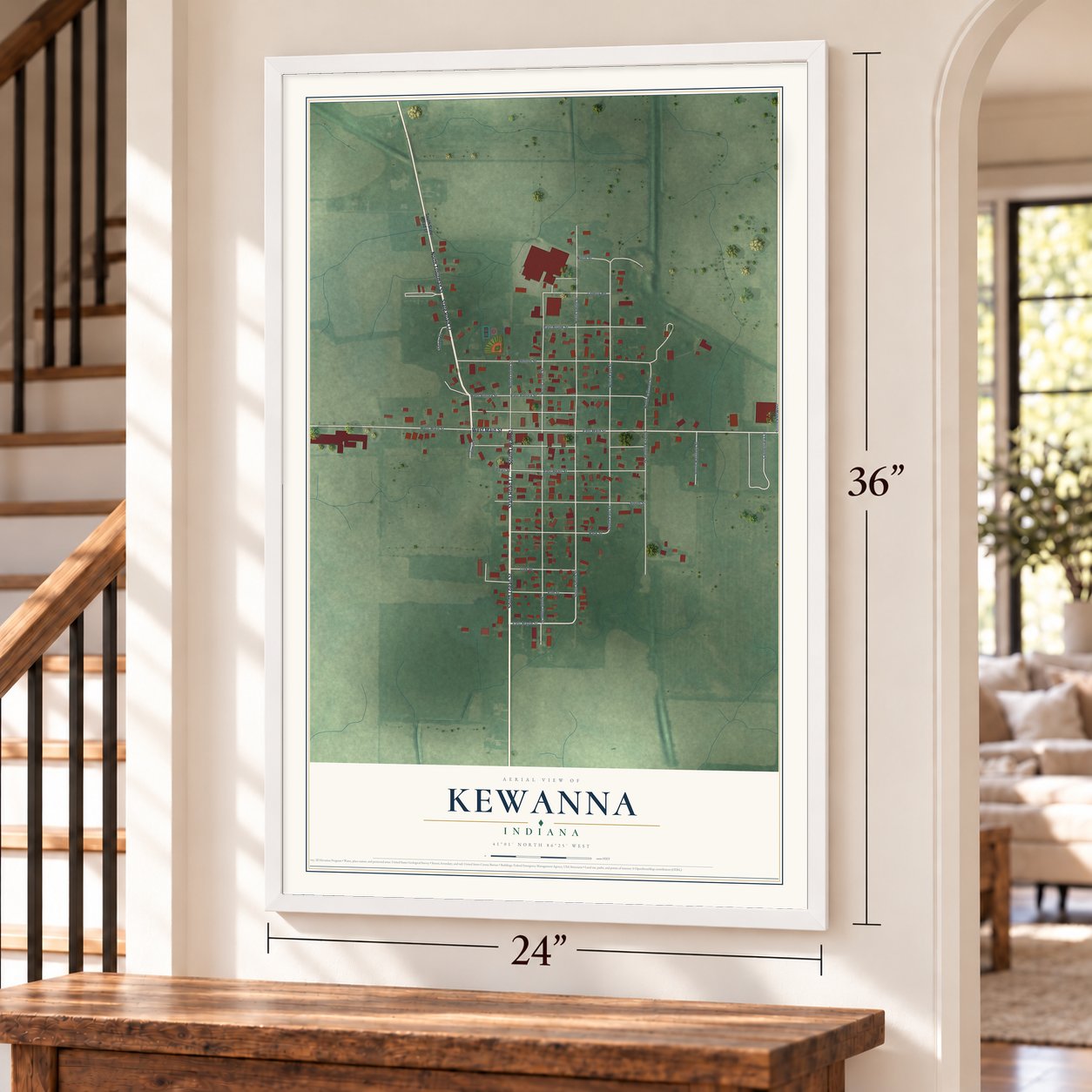 Kewanna, Indiana map, 24 x 36 inch print in a white frame by a staircase