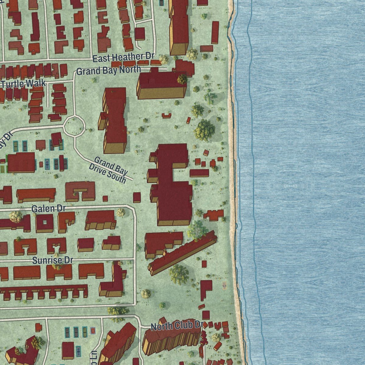 Second close-up of the map of Key Biscayne, Florida print showing more streets and buildings