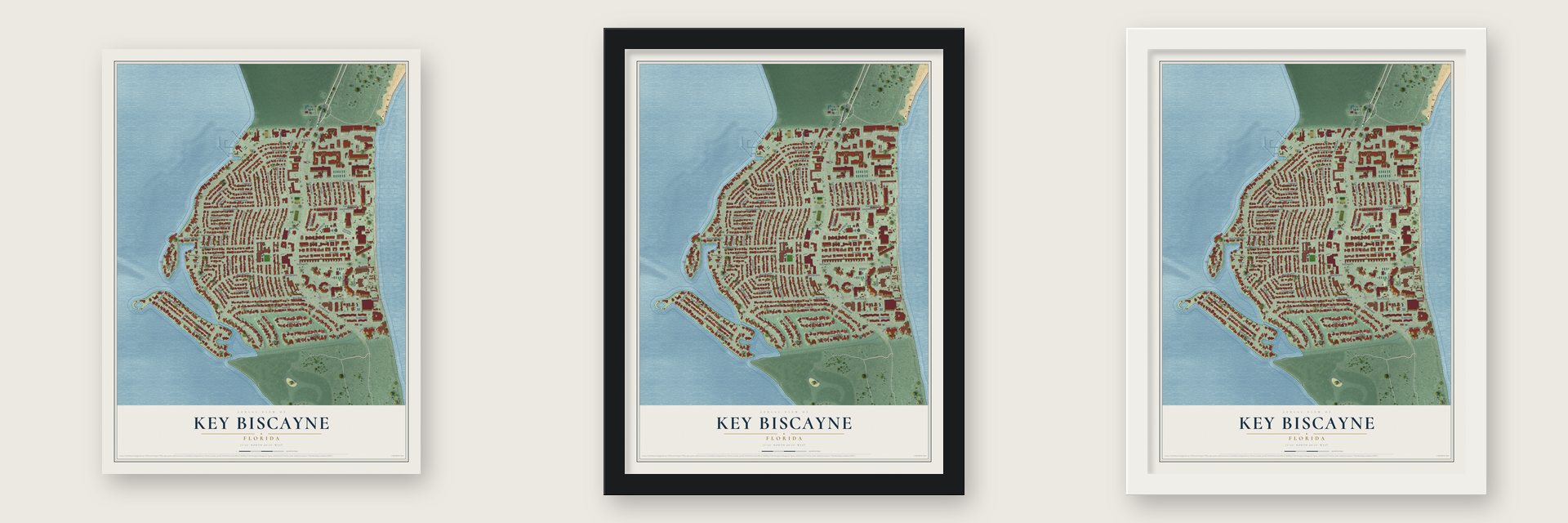 Key Biscayne, Florida map unframed, in a black wood frame and in a white wood frame