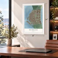 Key Biscayne, Florida map, 18 x 24 inch print in a white frame in a home office