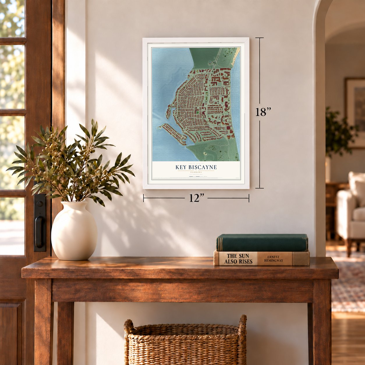 Key Biscayne, Florida map, 12 x 18 inch print in a white frame in an entryway