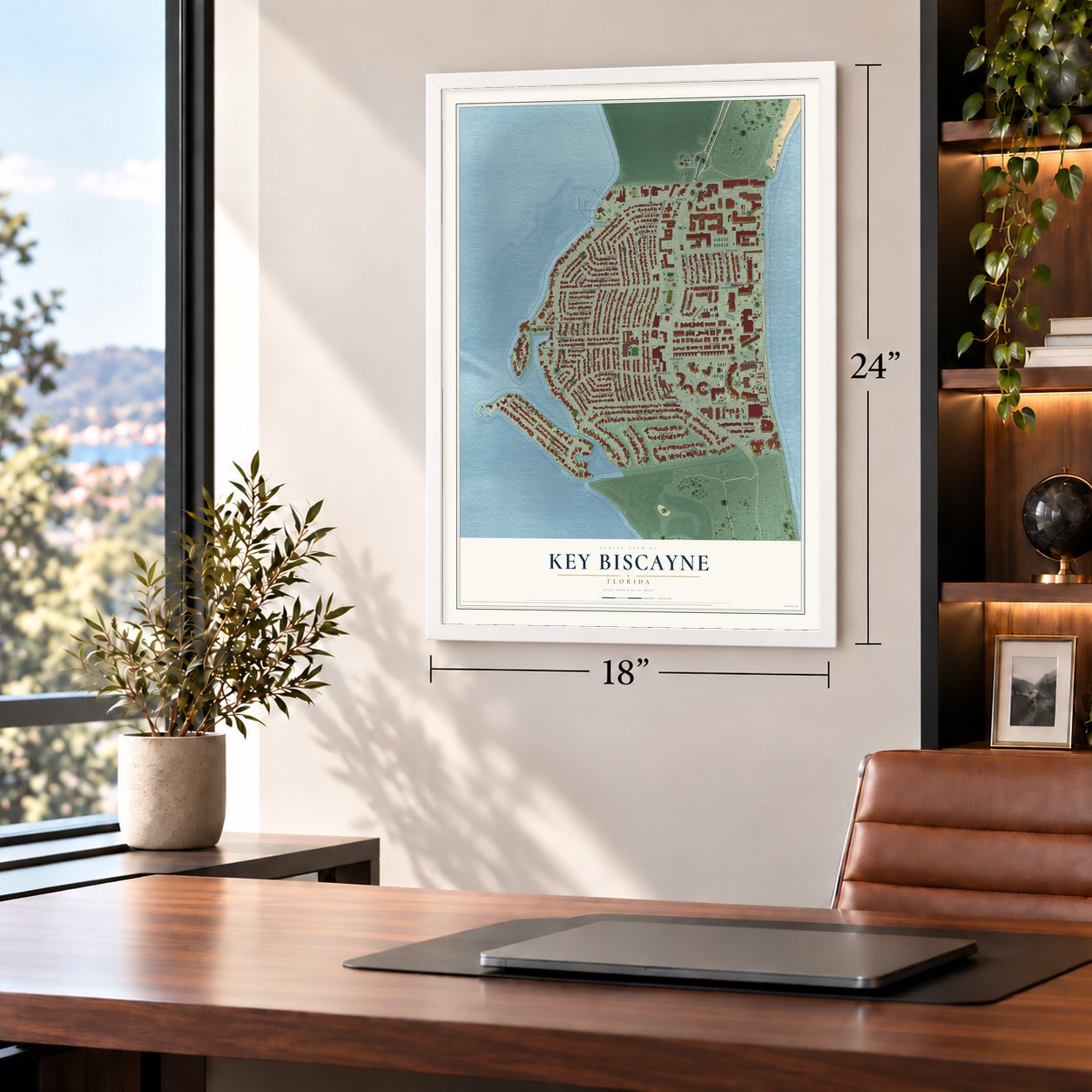 Key Biscayne, Florida map, 18 x 24 inch print in a white frame in a home office