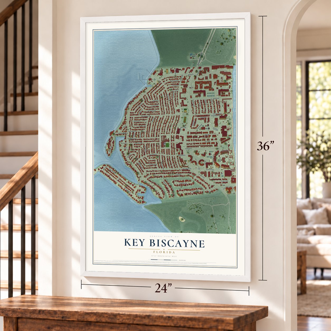 Key Biscayne, Florida map, 24 x 36 inch print in a white frame by a staircase