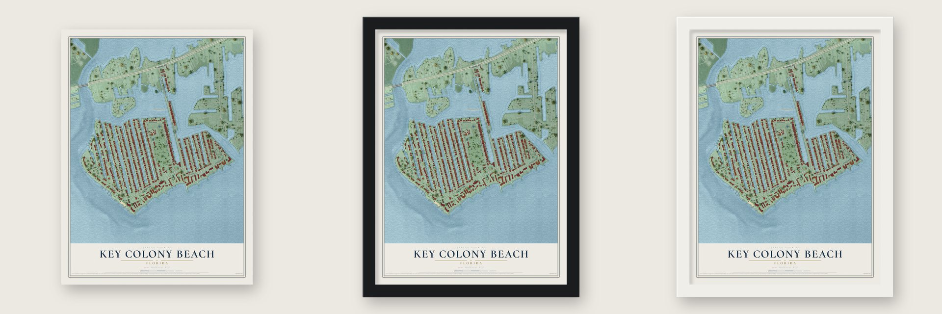 Key Colony Beach, Florida map unframed, in a black wood frame and in a white wood frame