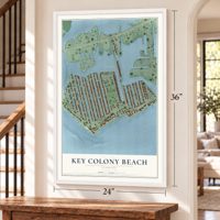 Key Colony Beach, Florida map, 24 x 36 inch print in a white frame by a staircase