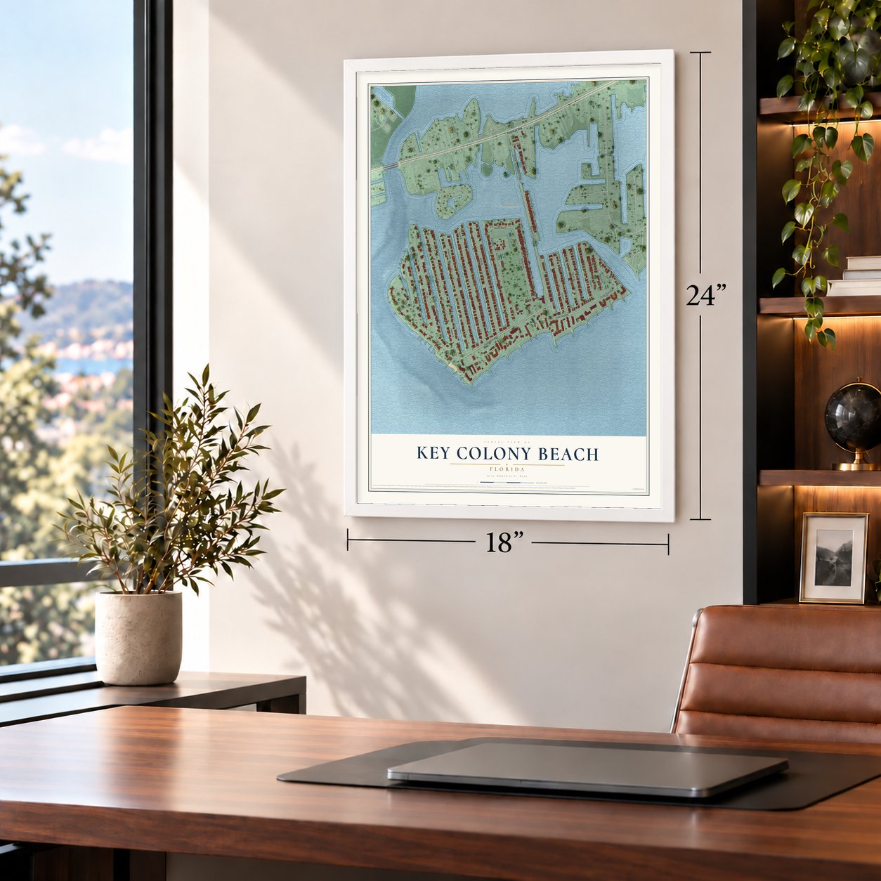 Key Colony Beach, Florida map, 18 x 24 inch print in a white frame in a home office