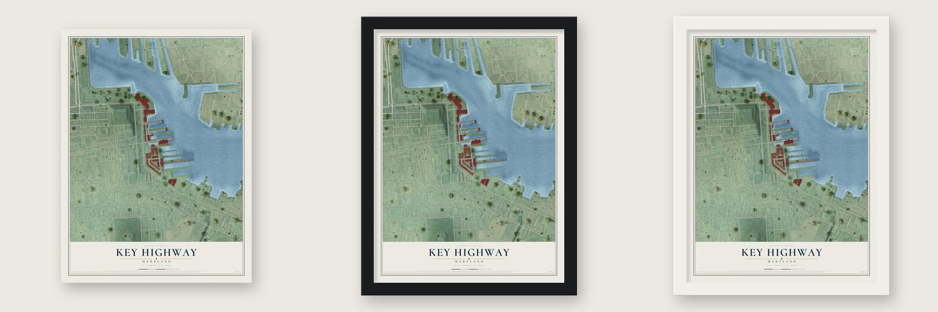 Key Highway, Maryland map unframed, in a black wood frame and in a white wood frame