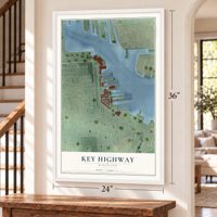 Key Highway, Maryland map, 24 x 36 inch print in a white frame by a staircase