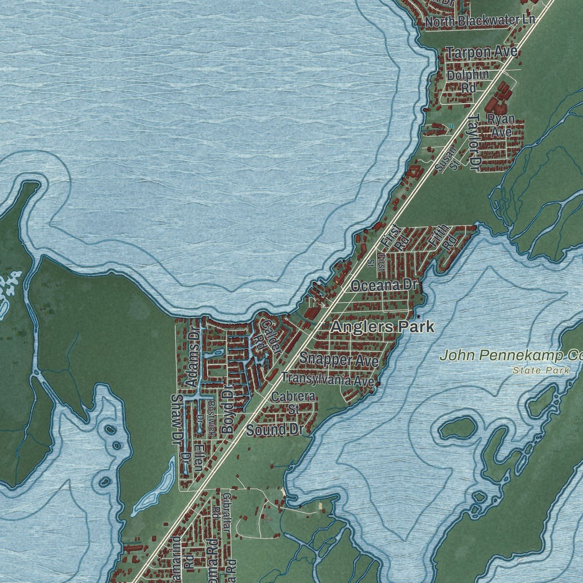 Second close-up of the map of Key Largo, Florida print showing more streets and buildings