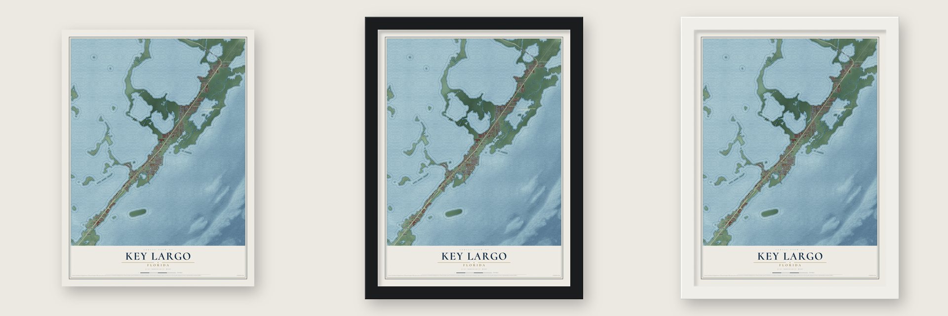 Key Largo, Florida map unframed, in a black wood frame and in a white wood frame