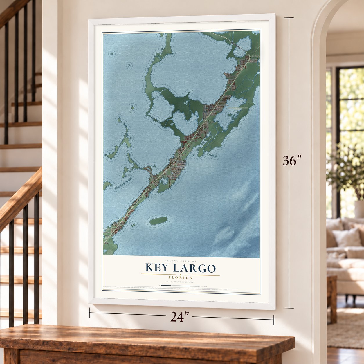 Key Largo, Florida map, 24 x 36 inch print in a white frame by a staircase