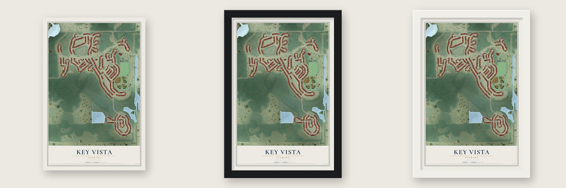 Key Vista, Florida map unframed, in a black wood frame and in a white wood frame