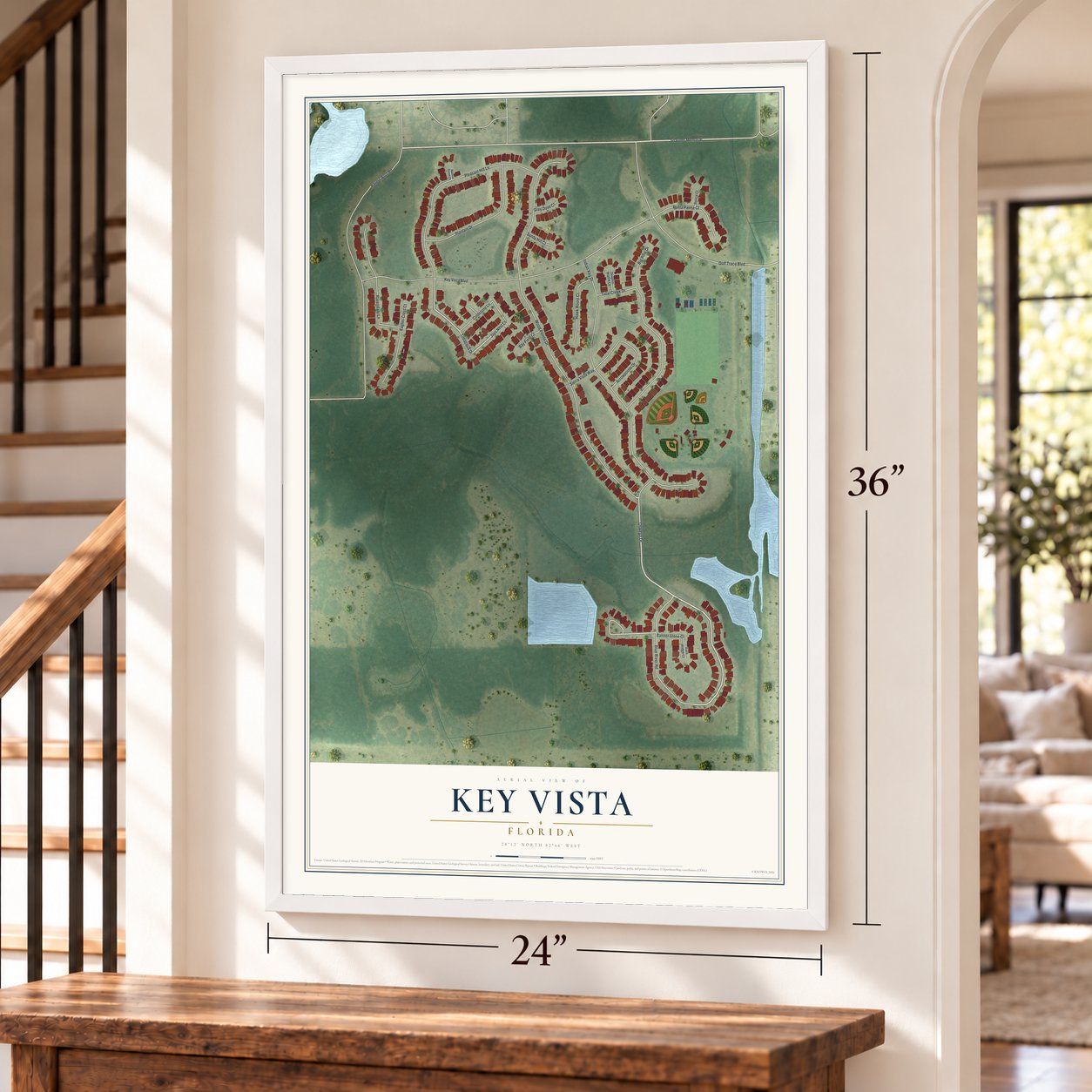 Key Vista, Florida map, 24 x 36 inch print in a white frame by a staircase