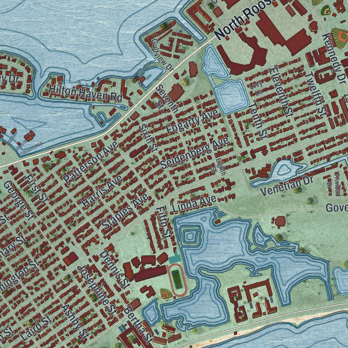 Second close-up of the map of Key West, Florida print showing more streets and buildings