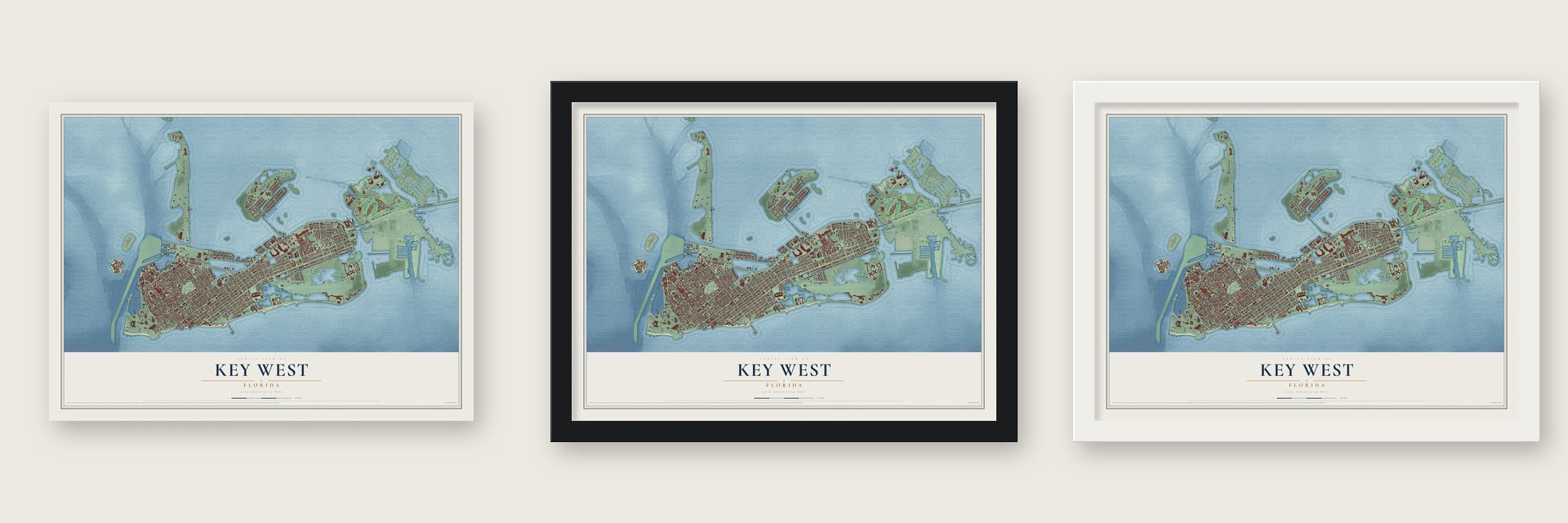 Key West, Florida map unframed, in a black wood frame and in a white wood frame