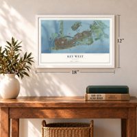 Key West, Florida map, 12 x 18 inch print in a white frame in an entryway