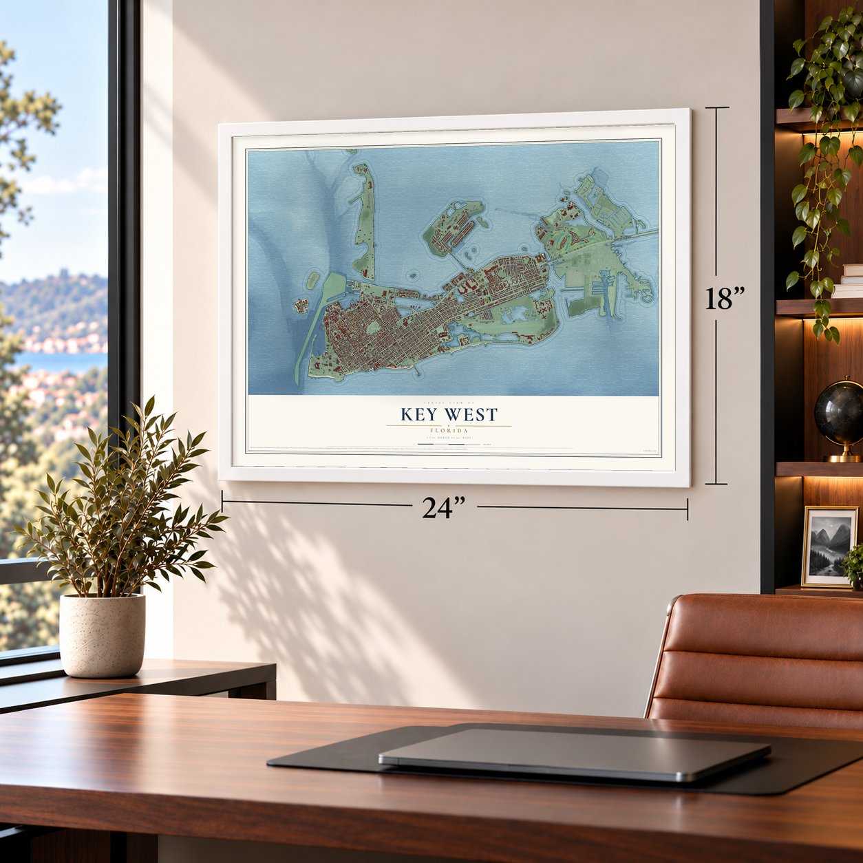 Key West, Florida map, 18 x 24 inch print in a white frame in a home office