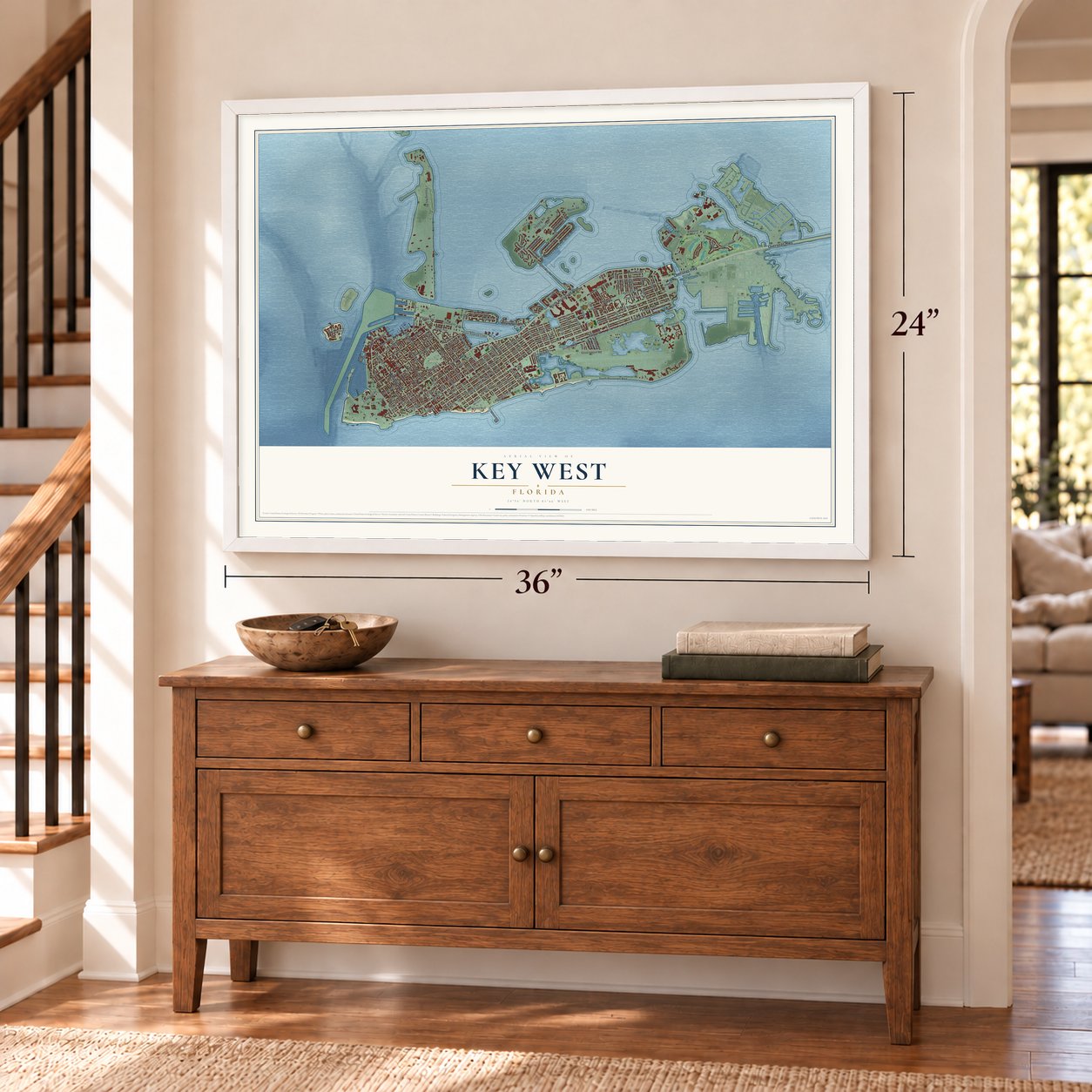 Key West, Florida map, 24 x 36 inch print in a white frame above a dresser by a staircase