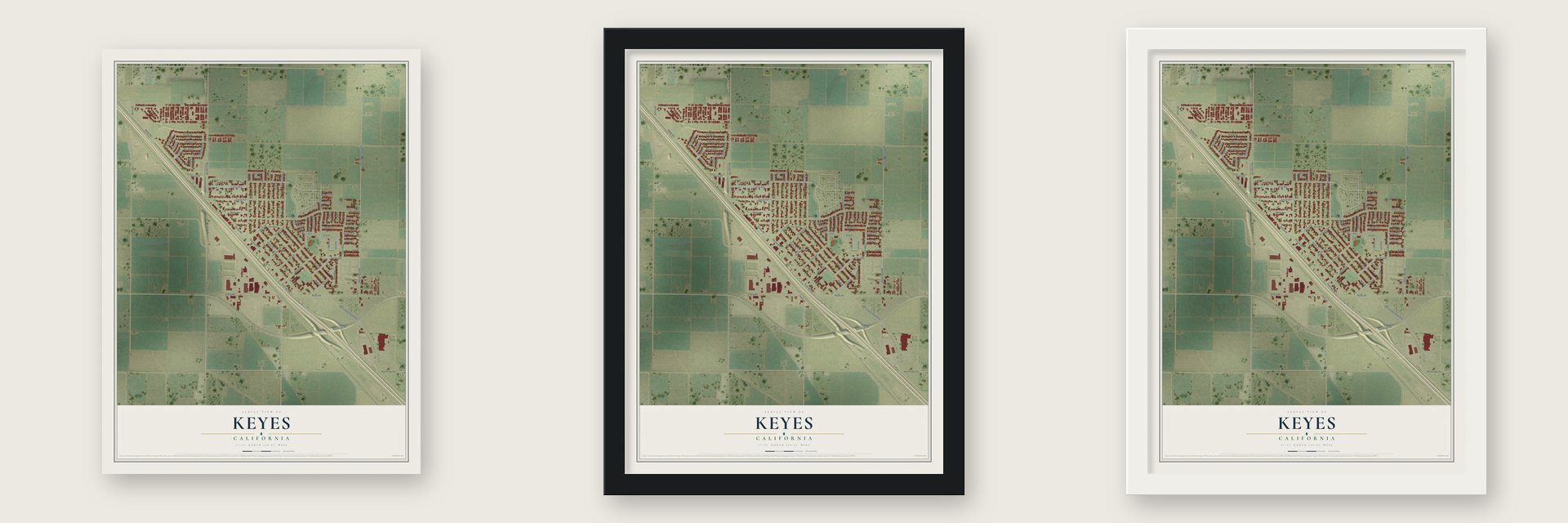 Keyes, California map unframed, in a black wood frame and in a white wood frame