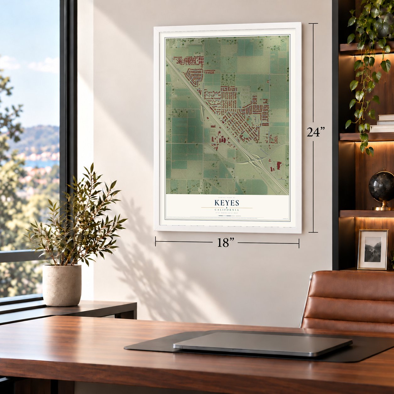 Keyes, California map, 18 x 24 inch print in a white frame in a home office
