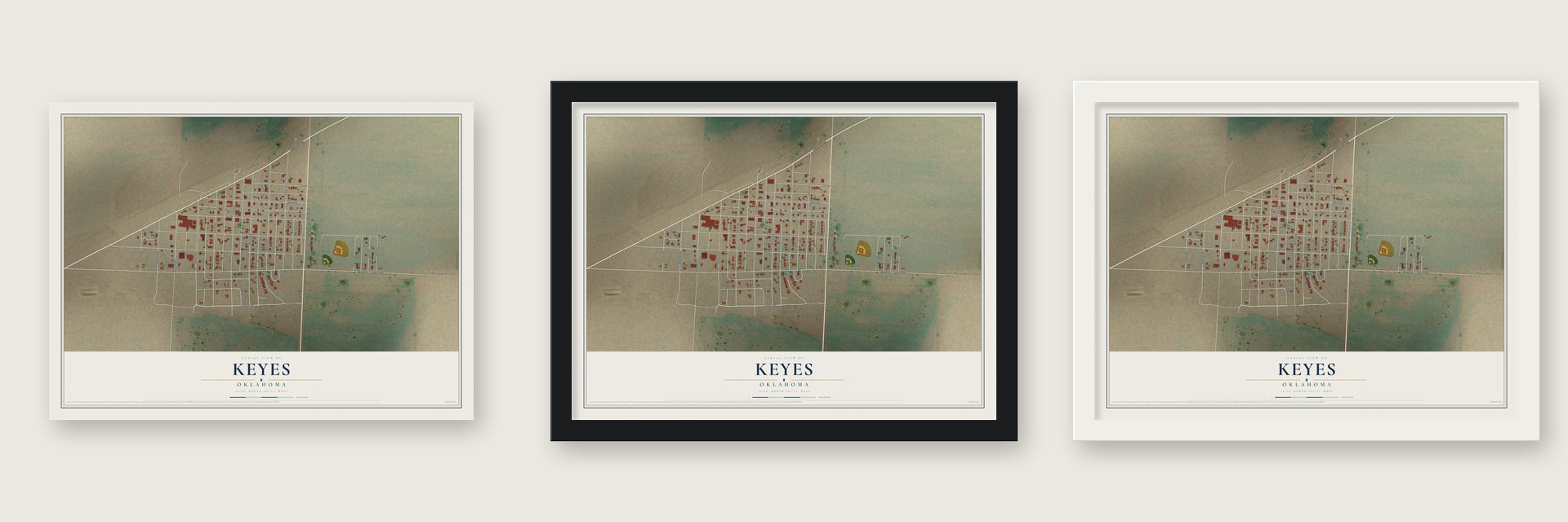 Keyes, Oklahoma map unframed, in a black wood frame and in a white wood frame