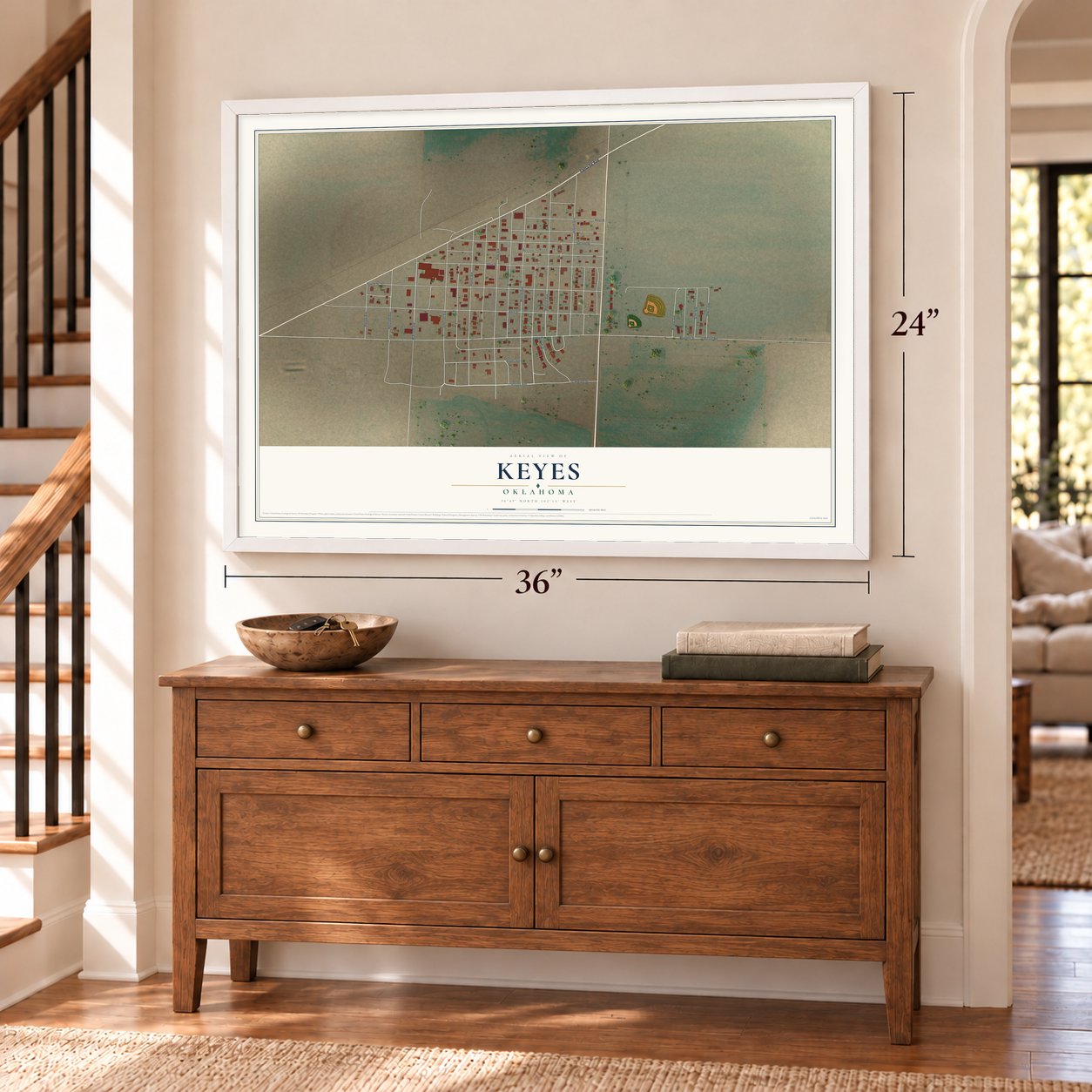 Keyes, Oklahoma map, 24 x 36 inch print in a white frame above a dresser by a staircase