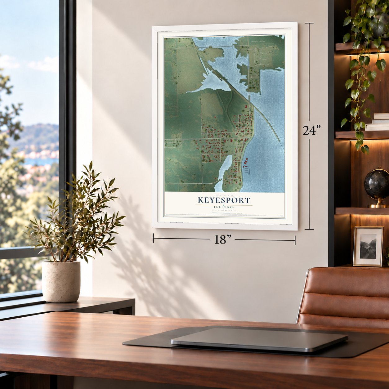Keyesport, Illinois map, 18 x 24 inch print in a white frame in a home office