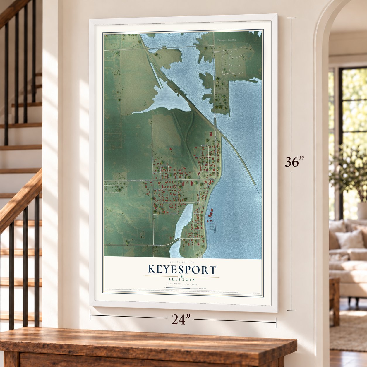 Keyesport, Illinois map, 24 x 36 inch print in a white frame by a staircase