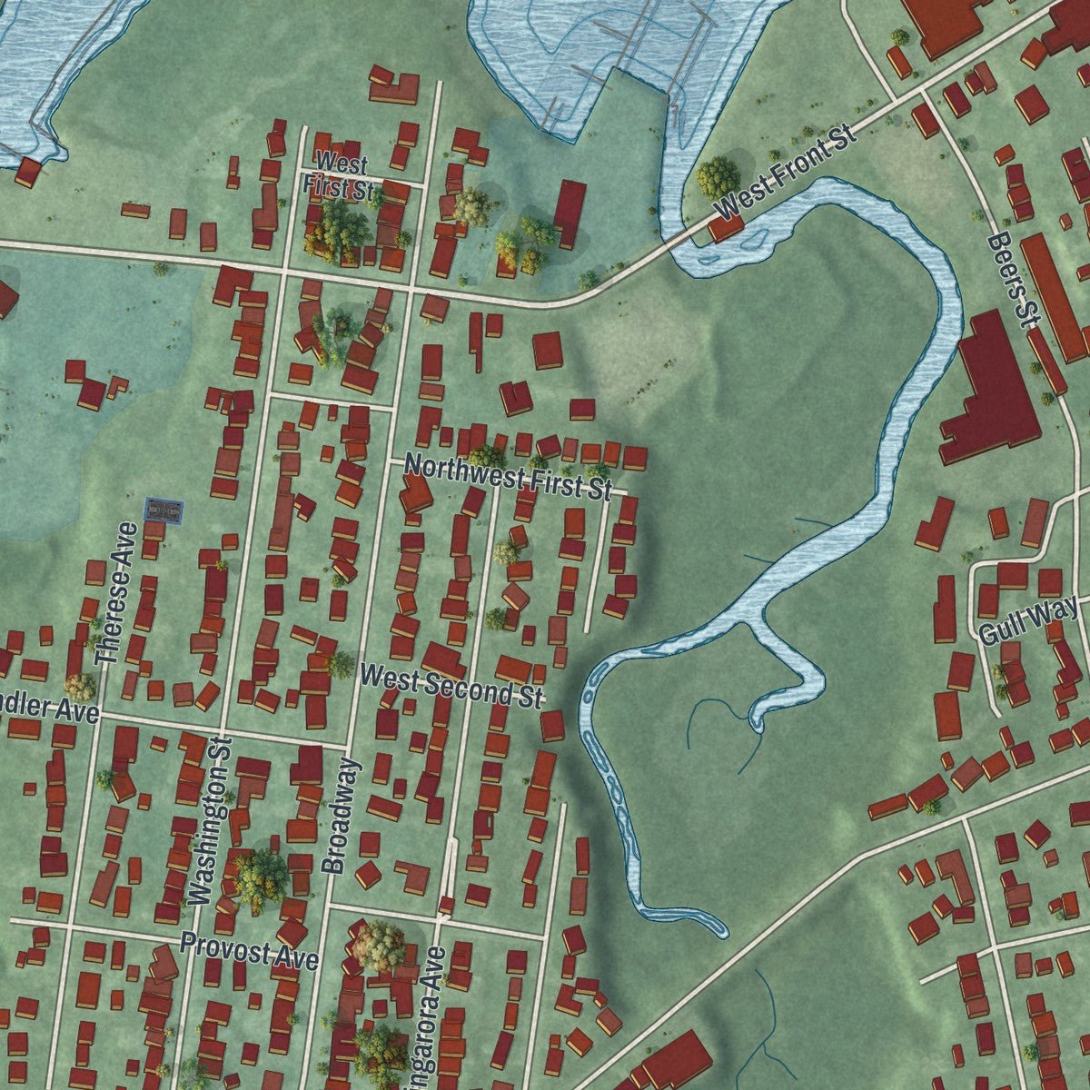 Second close-up of the map of Keyport, New Jersey print showing more streets and buildings