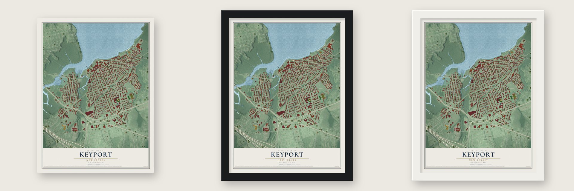 Keyport, New Jersey map unframed, in a black wood frame and in a white wood frame