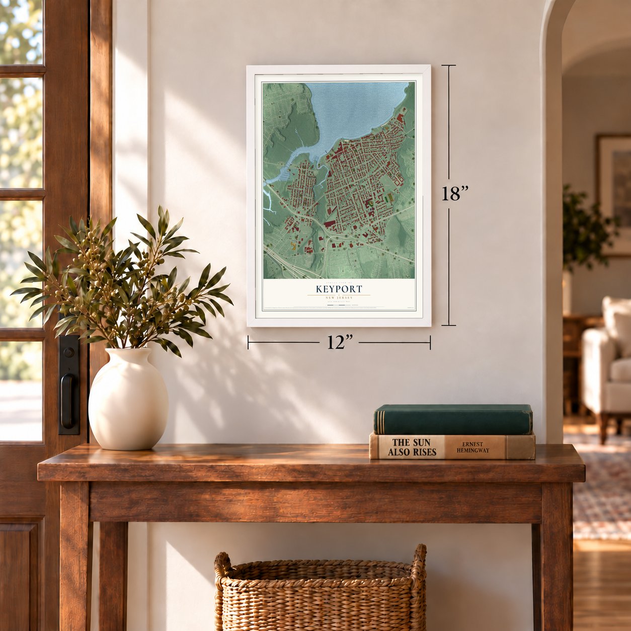 Keyport, New Jersey map, 12 x 18 inch print in a white frame in an entryway