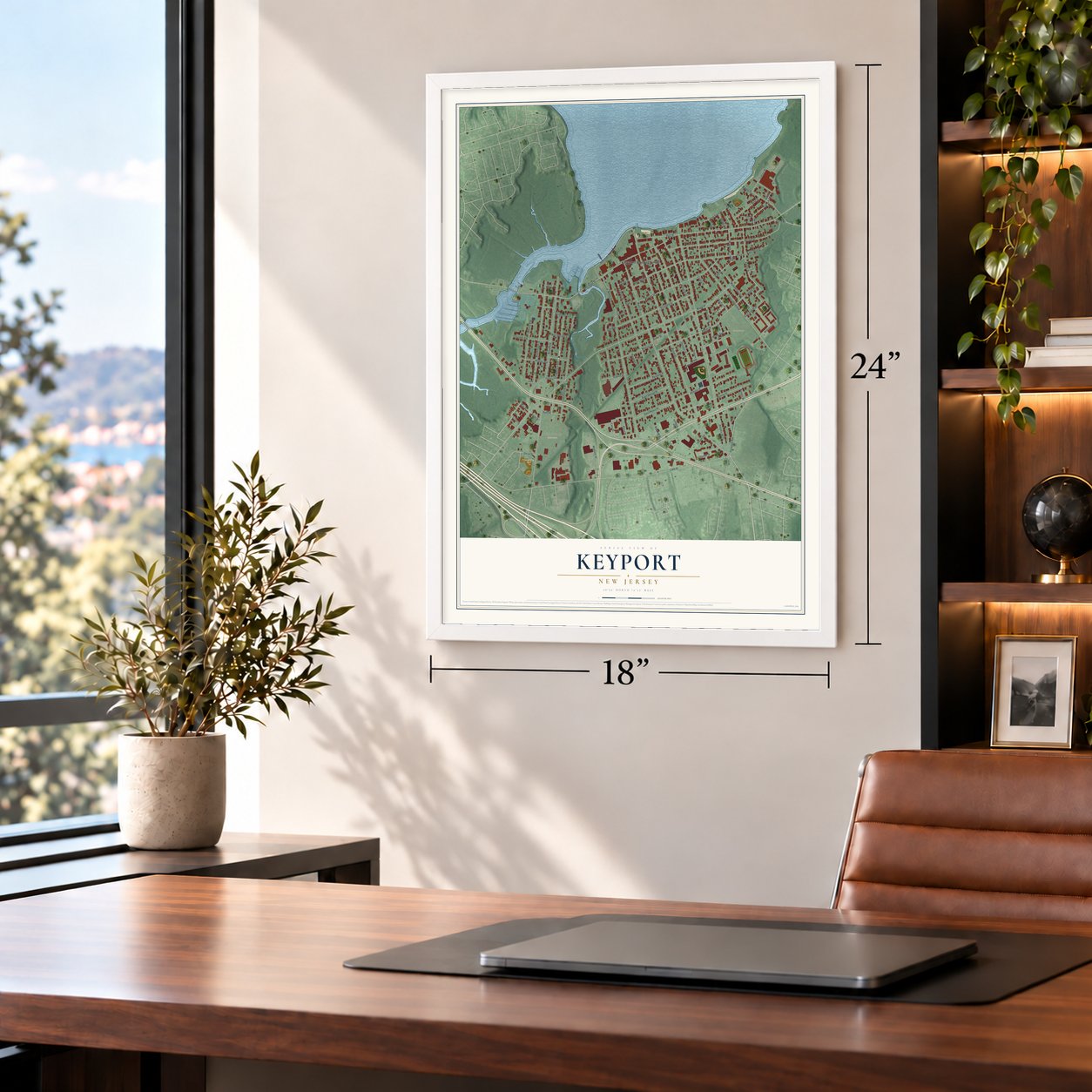 Keyport, New Jersey map, 18 x 24 inch print in a white frame in a home office