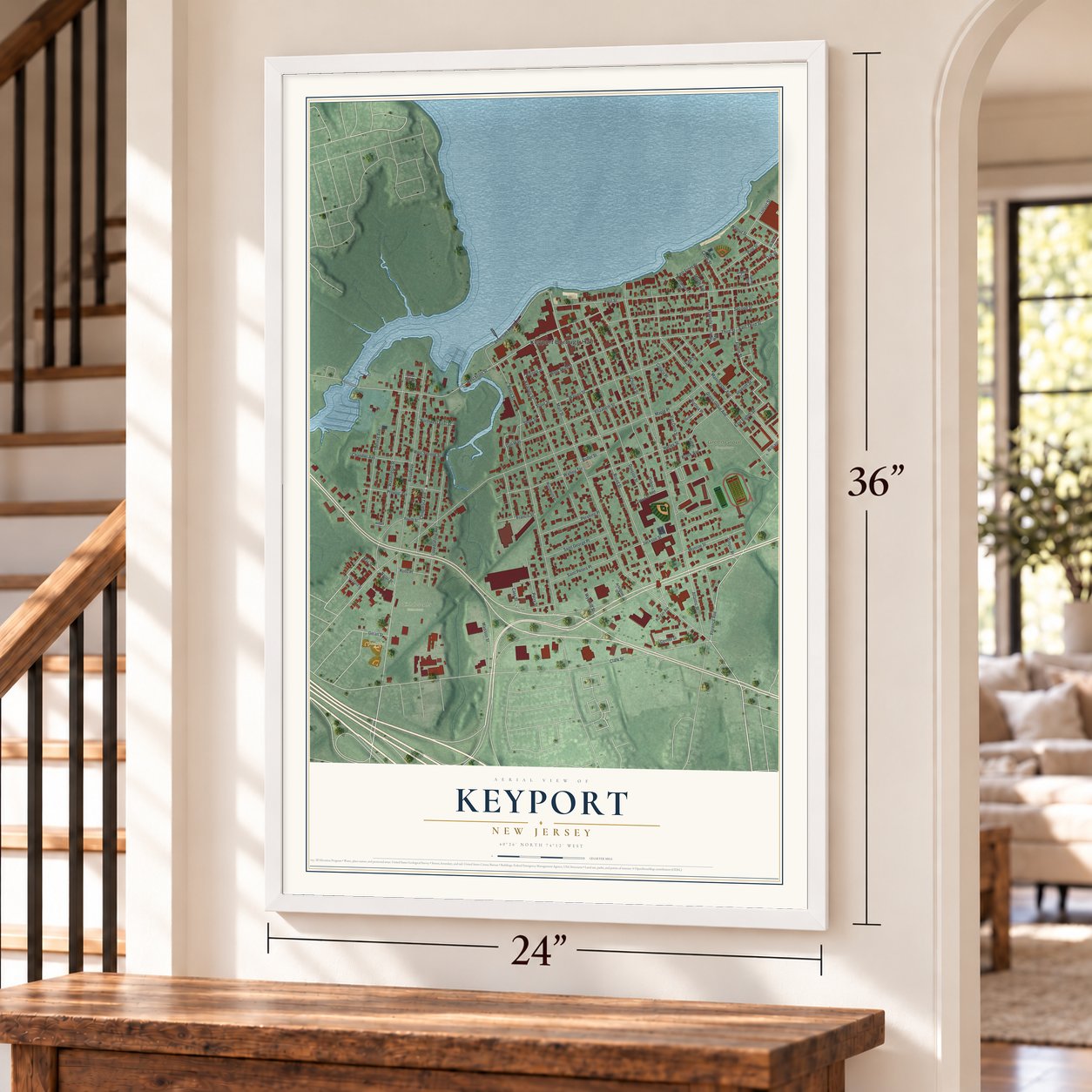 Keyport, New Jersey map, 24 x 36 inch print in a white frame by a staircase