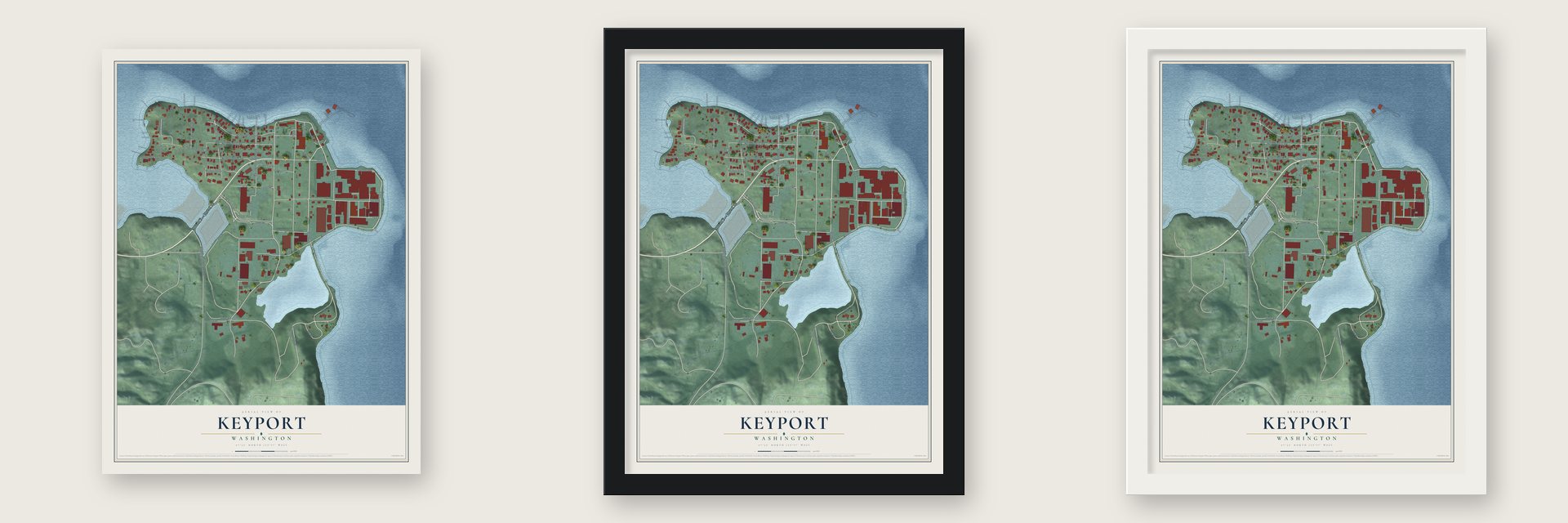 Keyport, Washington map unframed, in a black wood frame and in a white wood frame