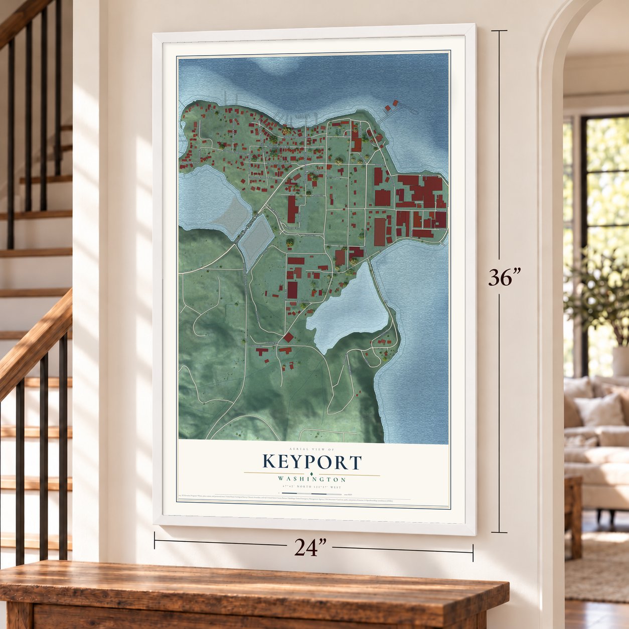 Keyport, Washington map, 24 x 36 inch print in a white frame by a staircase