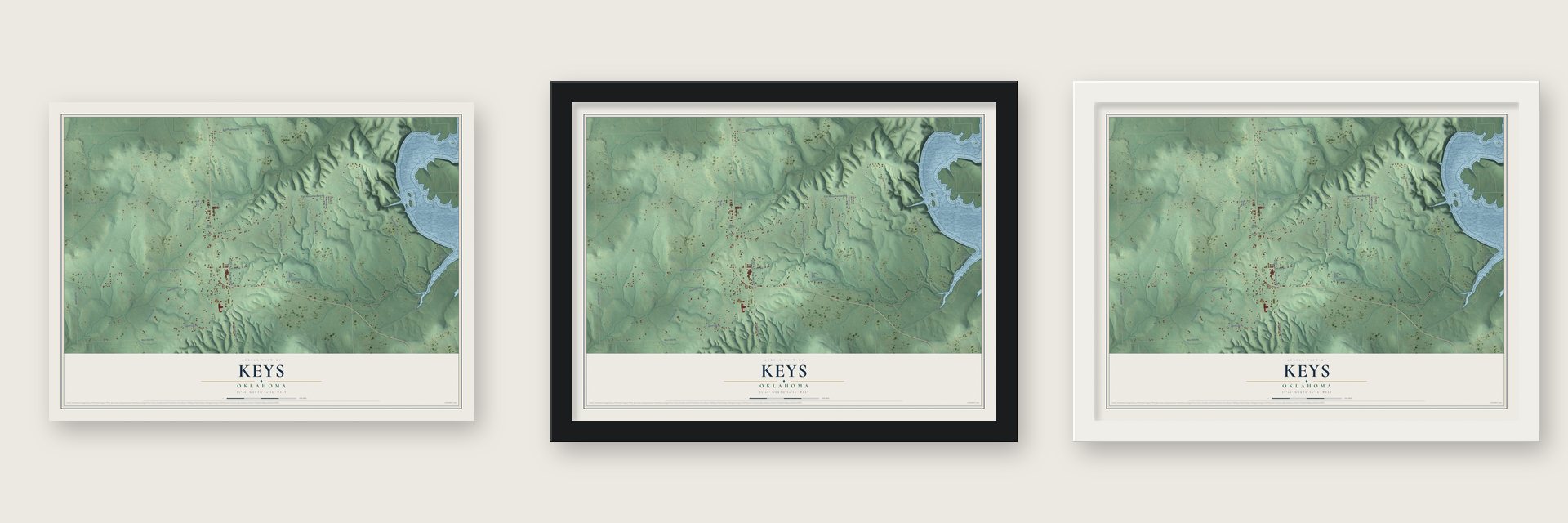 Keys, Oklahoma map unframed, in a black wood frame and in a white wood frame
