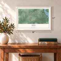 Keys, Oklahoma map, 12 x 18 inch print in a white frame in an entryway