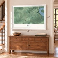 Keys, Oklahoma map, 24 x 36 inch print in a white frame above a dresser by a staircase