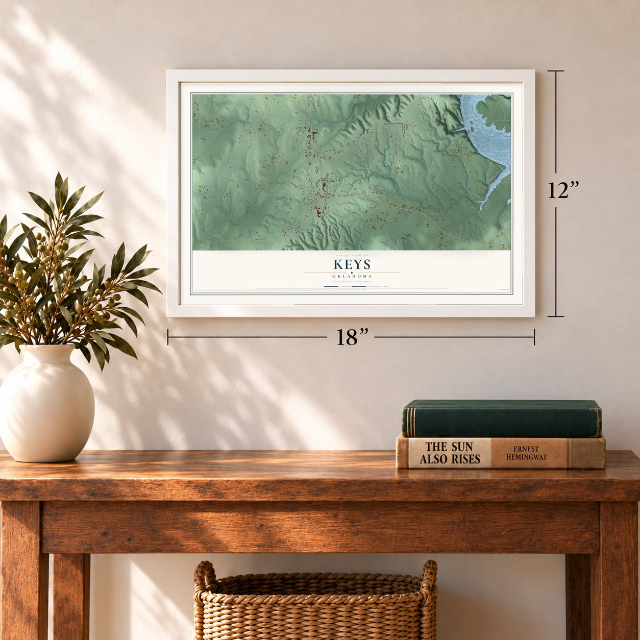 Keys, Oklahoma map, 12 x 18 inch print in a white frame in an entryway