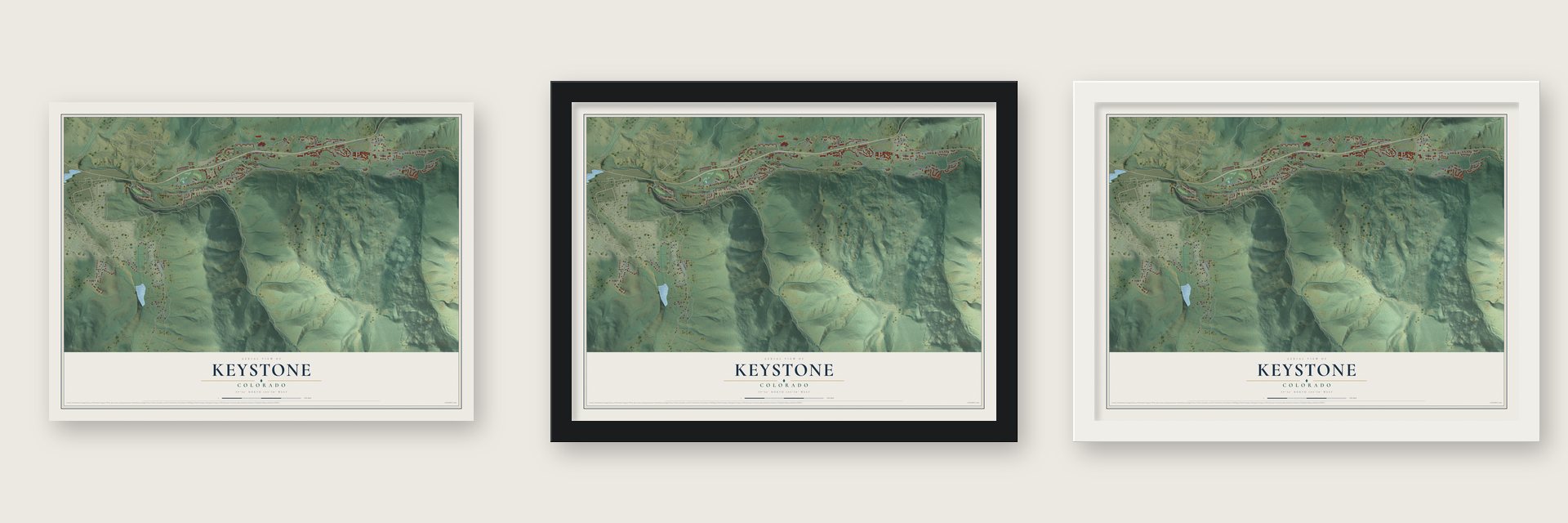 Keystone, Colorado map unframed, in a black wood frame and in a white wood frame