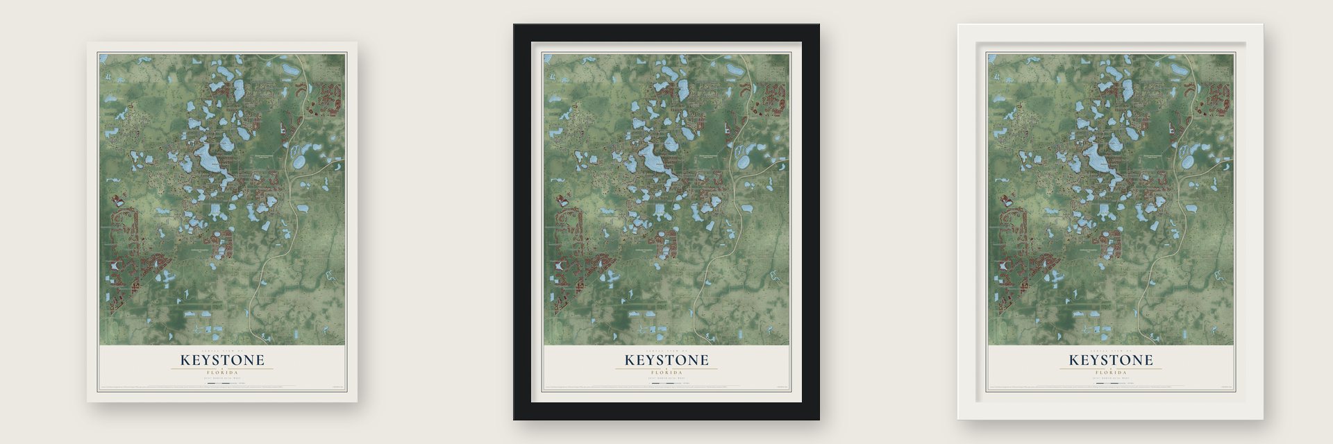 Keystone, Florida map unframed, in a black wood frame and in a white wood frame