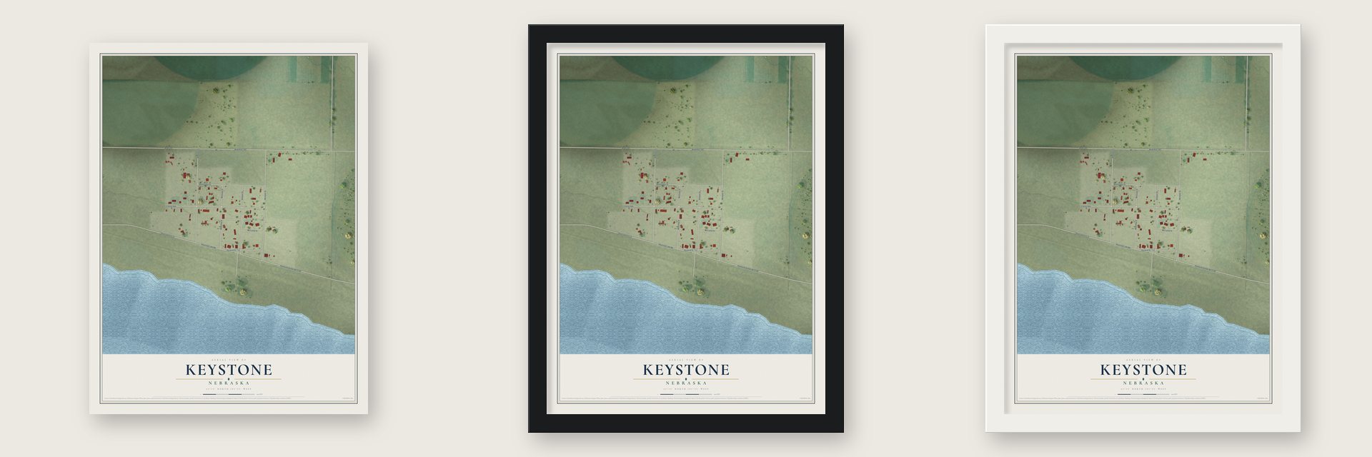 Keystone, Nebraska map unframed, in a black wood frame and in a white wood frame