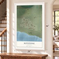 Keystone, Nebraska map, 24 x 36 inch print in a white frame by a staircase