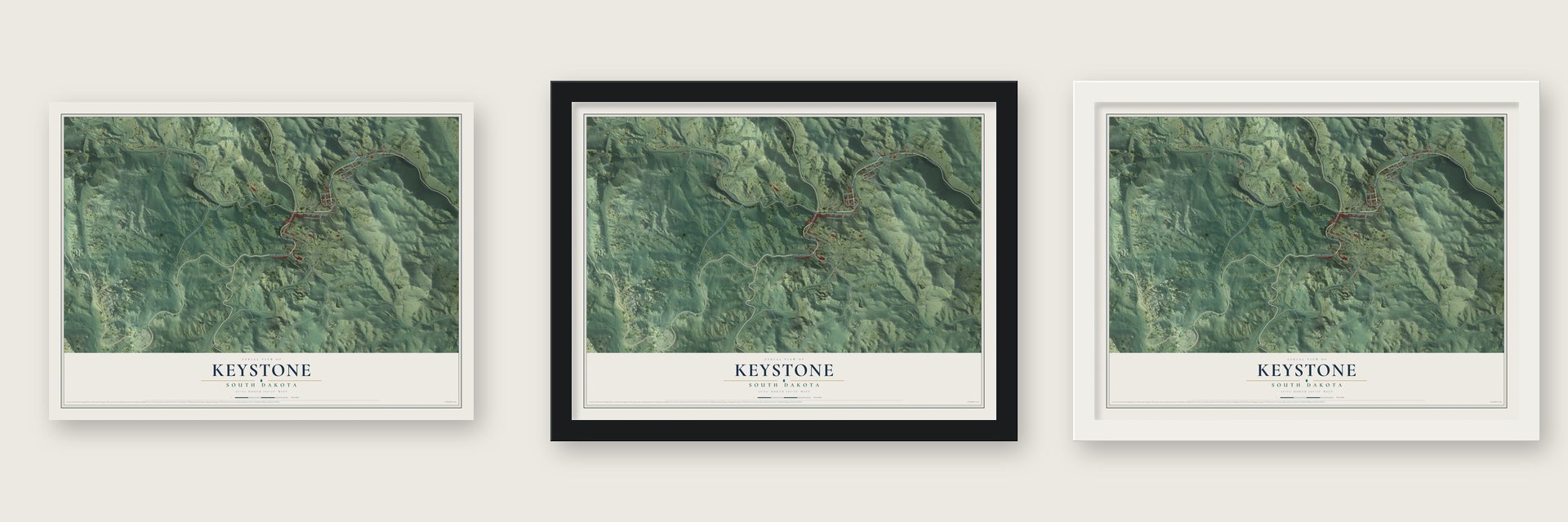 Keystone, South Dakota map unframed, in a black wood frame and in a white wood frame