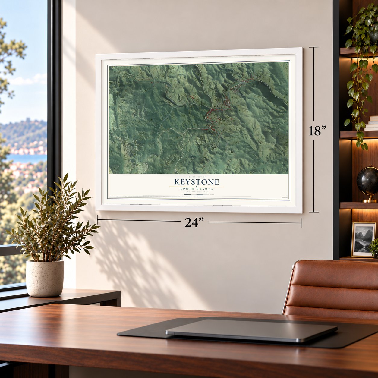 Keystone, South Dakota map, 18 x 24 inch print in a white frame in a home office