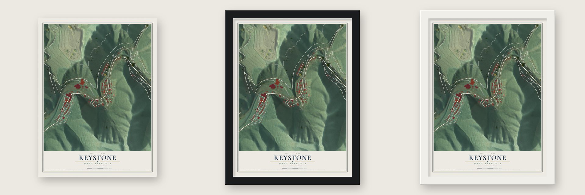 Keystone, West Virginia map unframed, in a black wood frame and in a white wood frame