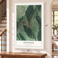 Keystone, West Virginia map, 24 x 36 inch print in a white frame by a staircase