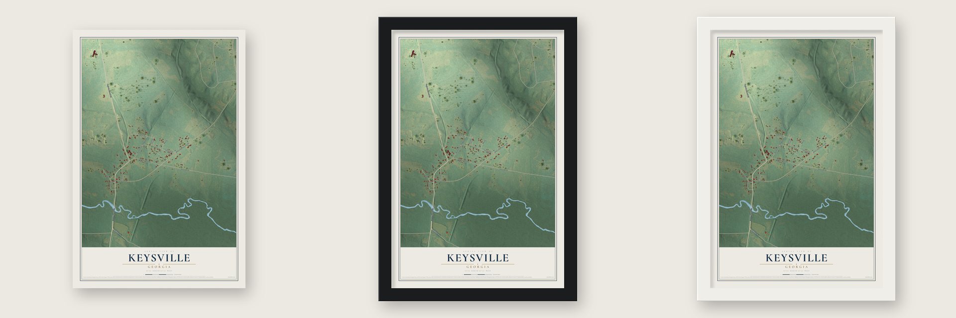Keysville, Georgia map unframed, in a black wood frame and in a white wood frame
